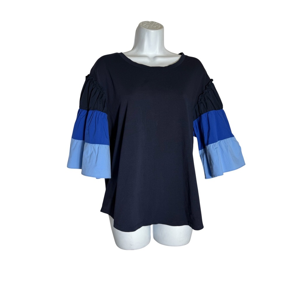 Chico's blouse SIZE 16 Size XL Navy Blue Three Quarter Sleeve Ruffle Layered Top